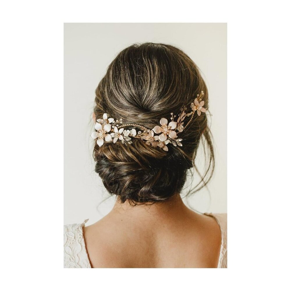 Gold Bridal Headpiece Pearl Crystal Flower Hair Vine for Weddings and Formal Eve